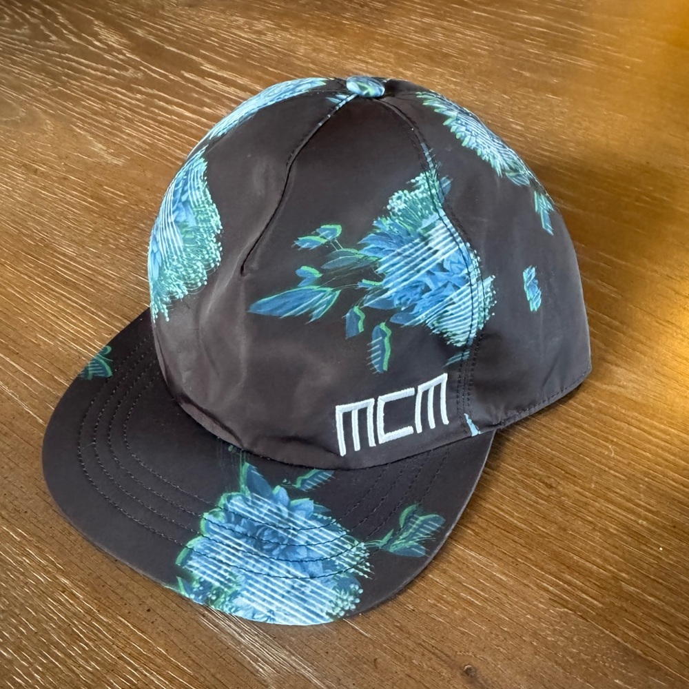 MCM Black Cap with Blue Floral Pattern
